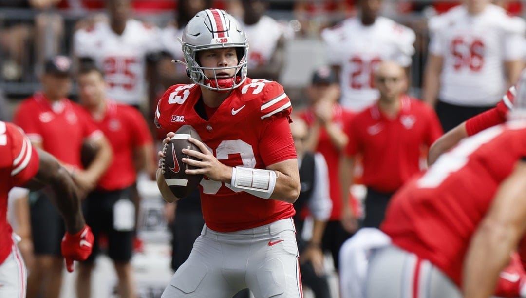 Ohio State quarterback Devin Brown plays against Youngstown State during an NCAA college football game Saturday, Sept. 9, 2023, in Columbus, Ohio.