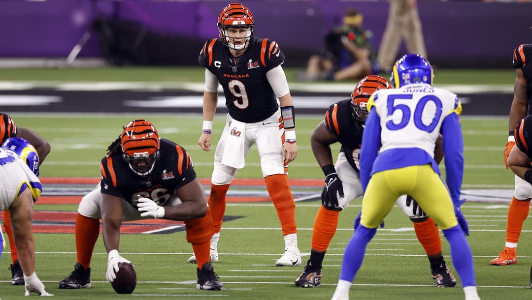 Cincinnati Bengals quarterback Joe Burrow (9) calls out a play during the NFL Super Bowl 56 football game against the Los Angeles Rams, Sunday, Feb. 13, 2022 in Inglewood, CA.