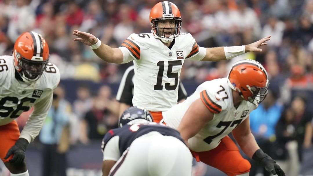 Cleveland Browns quarterback Joe Flacco (15) motions during the second half of an NFL football game against the Houston Texans, Sunday, Dec. 24, 2023, in Houston.