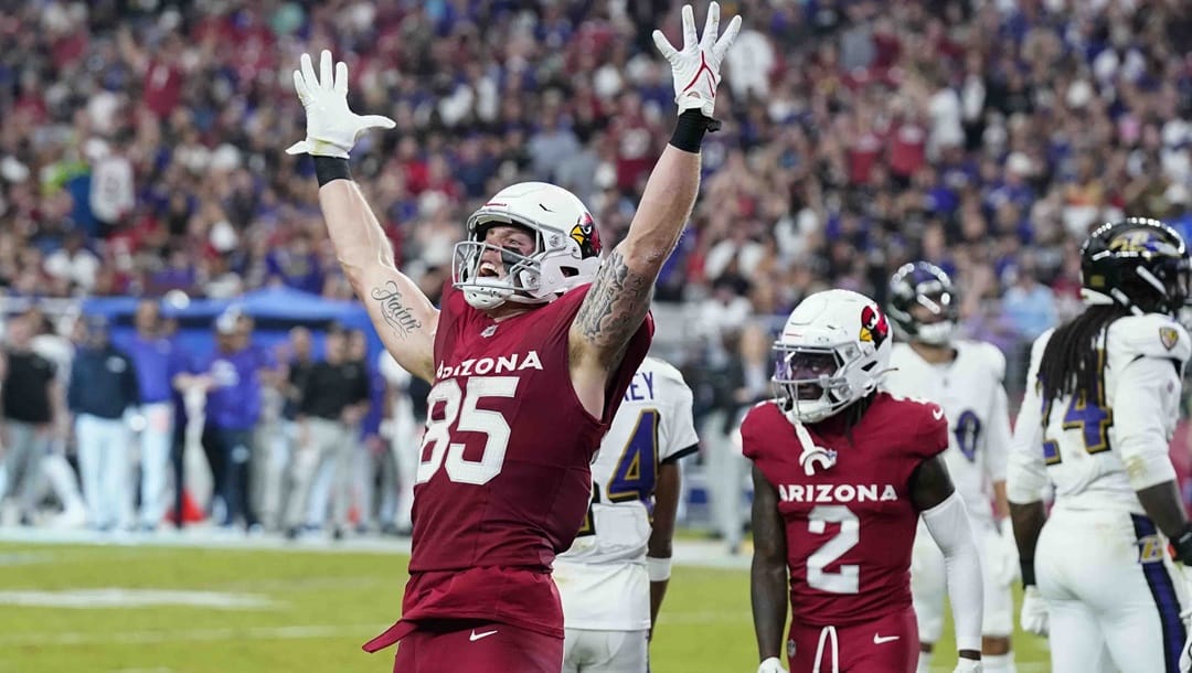 Arizona Cardinals tight end Trey McBride (85) celebrates his touchdown during the second half of an NFL football game against the Baltimore Ravens Sunday, Oct. 29, 2023, in Glendale, Ariz.