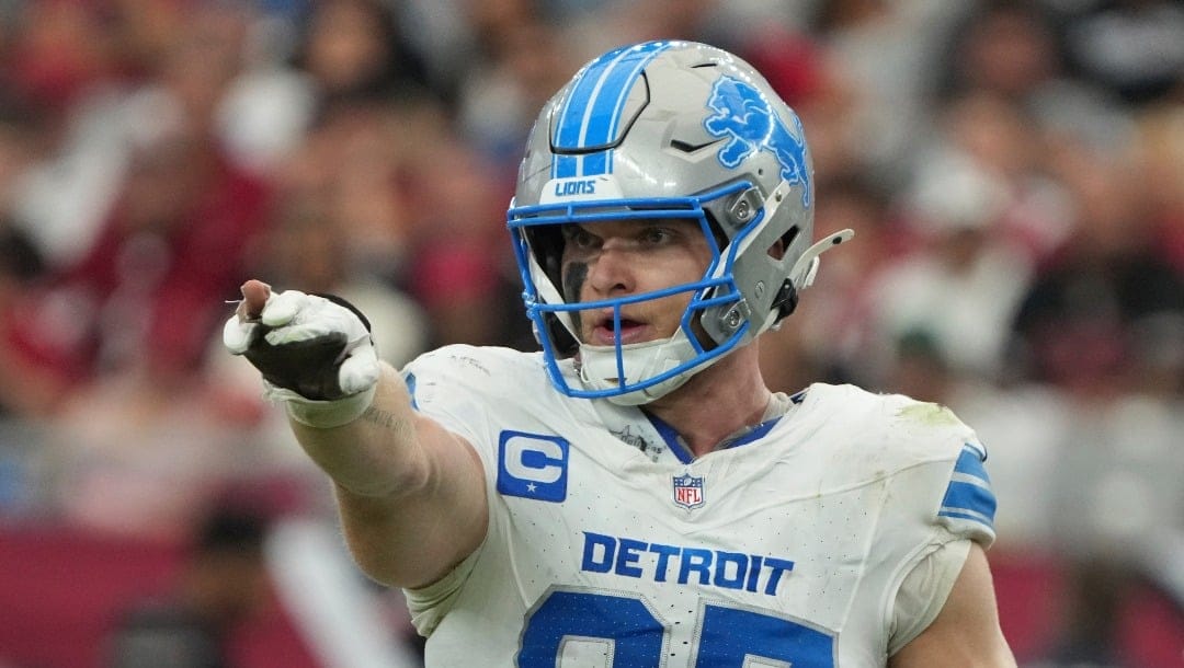 Detroit Lions defensive end Aidan Hutchinson (97) during the first half of an NFL football game against the Arizona Cardinals, Sunday, Sept. 22, 2024, in Glendale, Ariz. (AP Photo/Rick Scuteri)