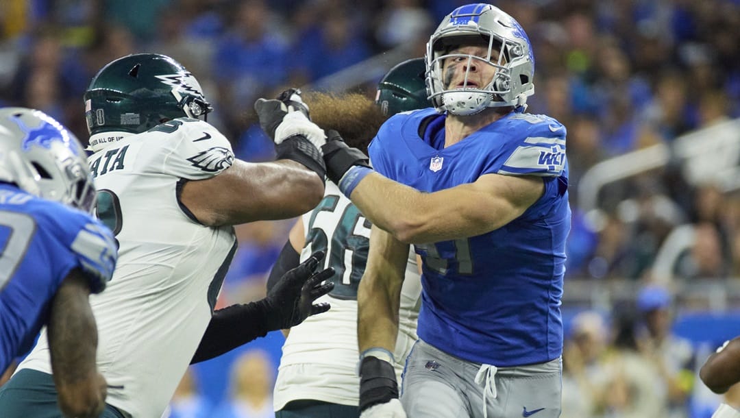 Detroit Lions defensive end Aidan Hutchinson (97) rushes on defense against Philadelphia Eagles during an NFL football game, Sunday, Sept. 11, 2022, in Detroit.