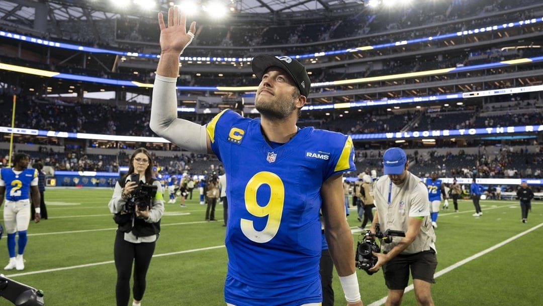 Los Angeles Rams quarterback Matthew Stafford (9) waves toward the stands after an NFL football game against the Washington Commanders, Sunday, Dec. 17, 2023, in Inglewood, Calif.