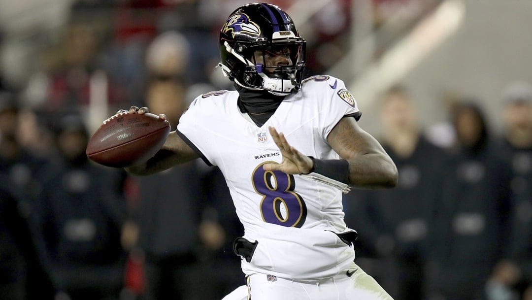 Baltimore Ravens quarterback Lamar Jackson (8) throws during an NFL football game against the San Francisco 49ers, Monday, Dec. 25, 2023, in Santa Clara, Calif.