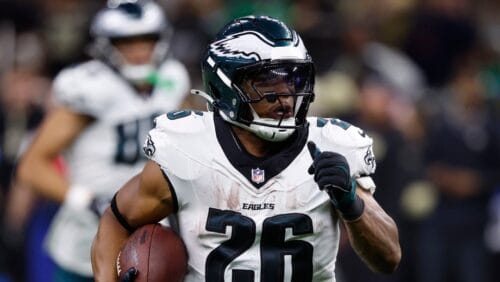 Philadelphia Eagles running back Saquon Barkley (26) runs 65 yards for a touchdown against the New Orleans Saints in the second half of an NFL football game in New Orleans, Sunday, Sept. 22, 2024. (AP Photo/Butch Dill)