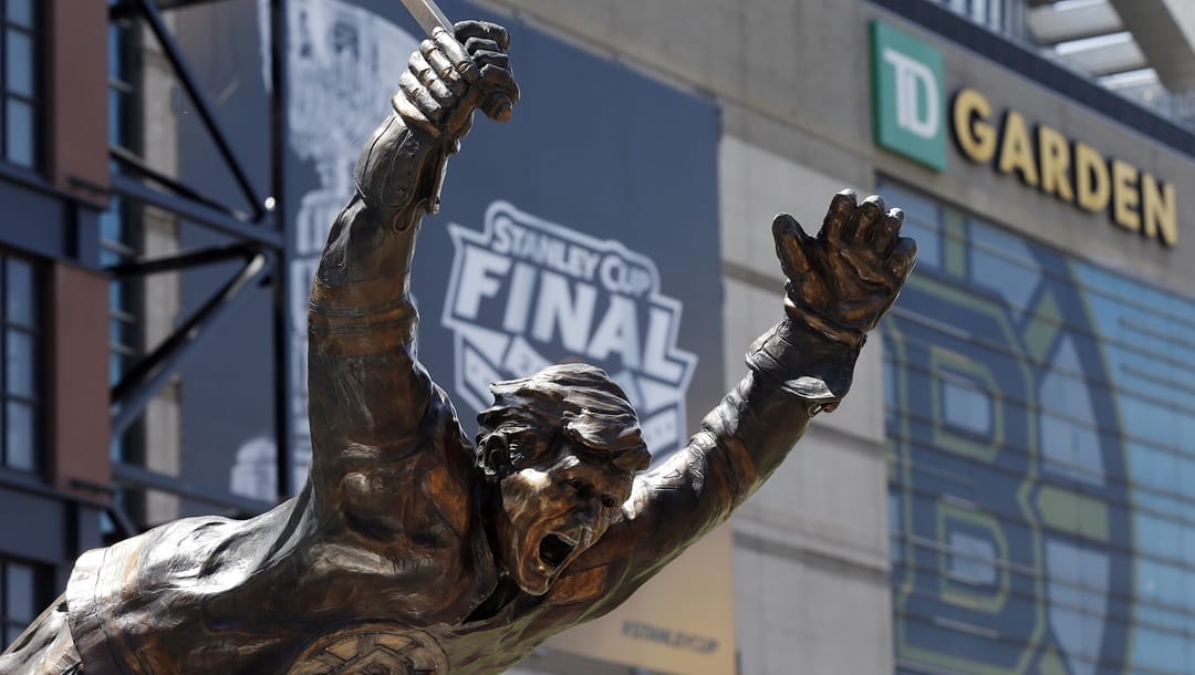 A statue of former Boston Bruins' Bobby Orr is seen outside TD Garden before Game 1 of the NHL hockey Stanley Cup Final between the St. Louis Blues and the Boston Bruins, Monday, May 27, 2019, in Boston.