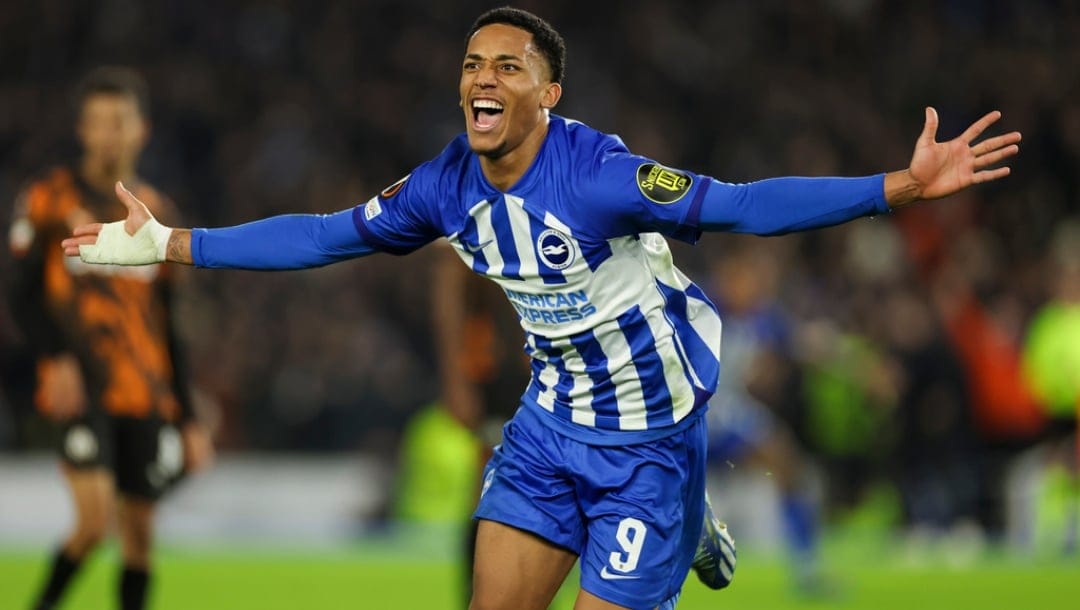 Brighton's Joao Pedro celebrates scoring his side's opening goal during the Europa League Group B soccer match between Brighton and Hove Albion and Olympique de Marseille at the Amex stadium in Brighton, England, Thursday, Dec. 14, 2023.