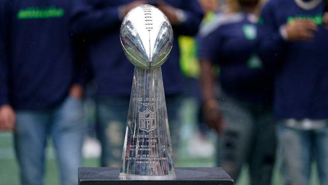 The Vince Lombardi trophy for Super Bowl XLVIII is pictured during a celebration for the 10-year anniversary of the team's Super Bowl win against the Denver Broncos during halftime of an NFL football game against the Carolina Panthers, Sunday, Sept. 24, 2023, in Seattle. The Seahawks won 37-27.
