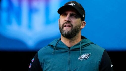 Philadelphia Eagles' Nick Sirianni walk sto the field before during the NFL Super Bowl 57 football game against the Kansas City Chiefs, Sunday, Feb. 12, 2023, in Glendale, Ariz.