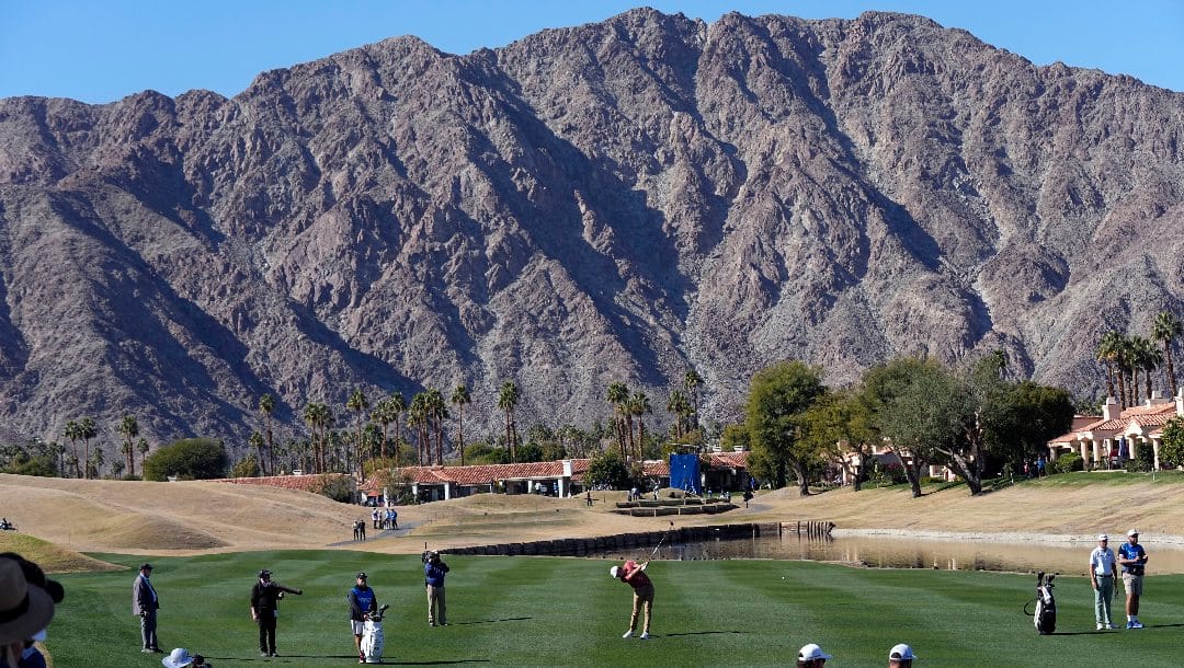 Davis Thompson hits from the fairway on the fifth hole during the final round of the American Express golf tournament on the Pete Dye Stadium Course at PGA West Sunday, Jan. 22, 2023, in La Quinta, Calif.