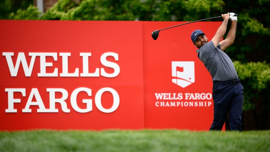 Jason Day of, Australia, hits off the 18th tee during the first round of the Wells Fargo Championship golf tournament, Thursday, May 5, 2022, at TPC Potomac at Avenel Farm golf club in Potomac, Md.