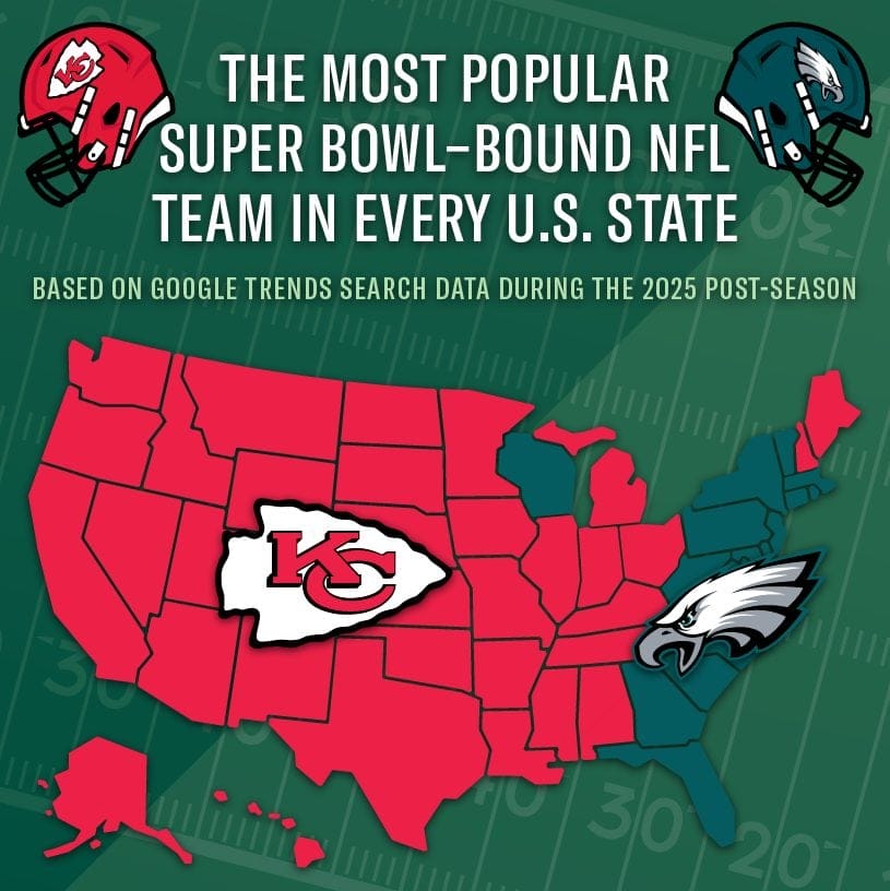 Mobile U.S. map displaying each state’s favorite 2025 Super Bowl-bound NFL team