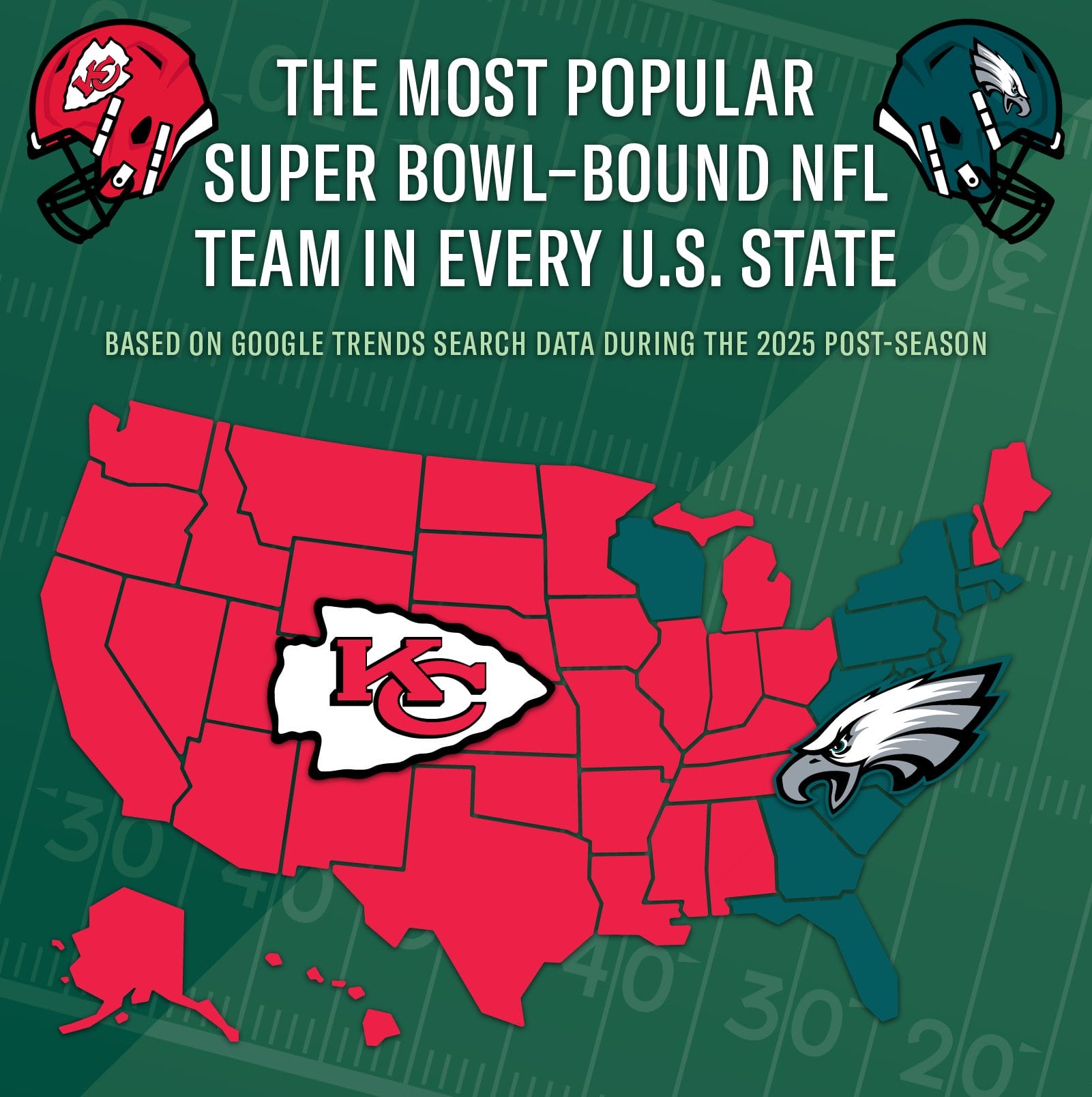 U.S. map displaying each state’s favorite 2025 Super Bowl-bound NFL team