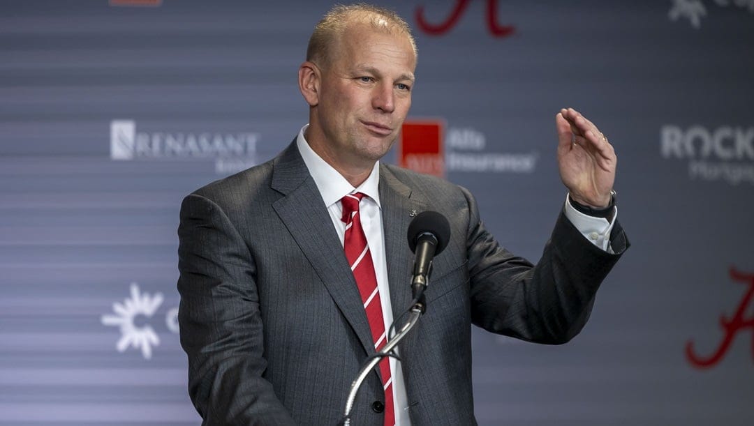 New Alabama football head coach Kalen DeBoer talks with the media in his introductory press conference at Bryant-Denny Stadium, Saturday, Jan. 13, 2024, in Tuscaloosa, Ala. DeBoer is replacing the recently retired Nick Saban.