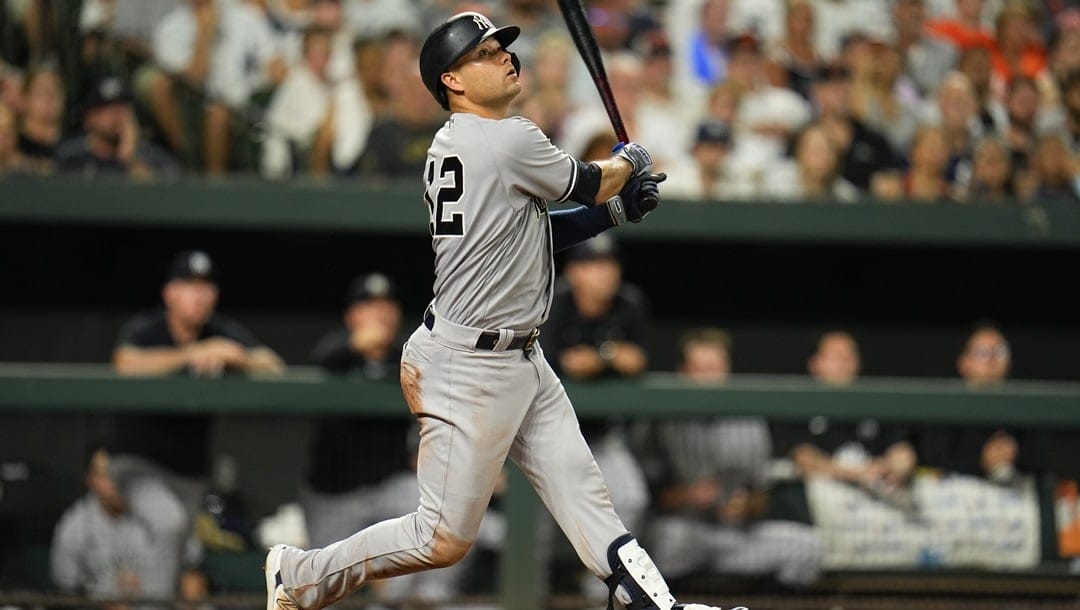 New York Yankees' Isiah Kiner-Falefa follows through on a swing during the sixth inning of a baseball game between the Baltimore Orioles and the New York Yankees, Saturday, July 29, 2023, in Baltimore. The Yankees won 8-3.