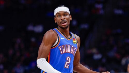 DETROIT, MICHIGAN - JANUARY 28: Shai Gilgeous-Alexander #2 of the Oklahoma City Thunder dribbles the ball up the court in the first half of a game against the Detroit Pistons at Little Caesars Arena on January 28, 2024 in Detroit, Michigan. NOTE TO USER: User expressly acknowledges and agrees that, by downloading and or using this photograph, User is consenting to the terms and conditions of the Getty Images License Agreement.