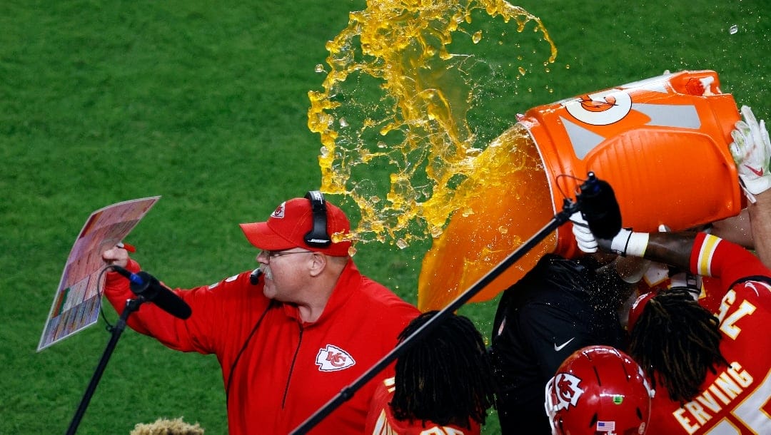 Kansas City Chiefs head coach Andy Reid has Gatorade pored on him as the Chiefs defeated the San Francisco 49ers in the NFL Super Bowl 54 football game Sunday, Feb. 2, 2020, in Miami Gardens, Fla.