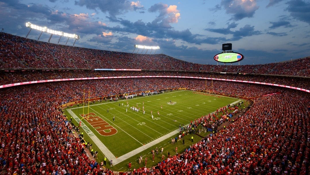 A general overall interior view of GEHA Field at Arrowhead Stadium during the first half of an NFL football game between the Kansas City Chiefs and the Detroit Lions, Thursday, Sept. 7, 2023 in Kansas City, Mo. (AP Photo/Reed Hoffmann)