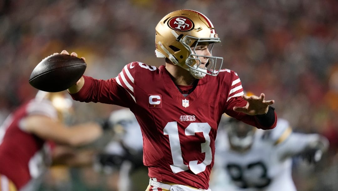 San Francisco 49ers quarterback Brock Purdy (13) throws during an NFL football game against the Green Bay Packers Sunday, Jan. 21, 2024, in Inglewood, Calif. (AP Photo/Ashley Landis)