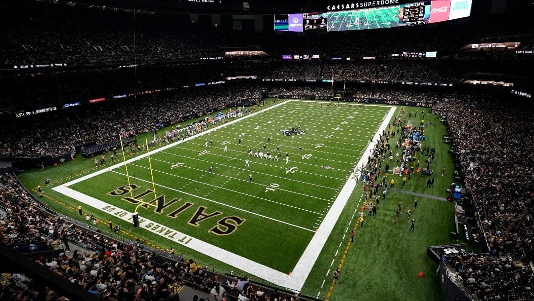 A general overall interior view of the Caesars Superdome in the second half of an NFL football game between the New Orleans Saints and the Tennessee Titans in New Orleans, Sunday, Sept. 10, 2023. (AP Photo/Gerald Herbert)