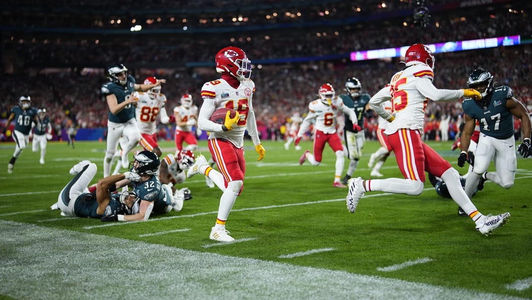 Kansas City Chiefs wide receiver Kadarius Toney (19) carries the ball on a punt return against the Philadelphia Eagles during the second half of the NFL Super Bowl 57 football game, Sunday, Feb. 12, 2023, in Glendale, Ariz.