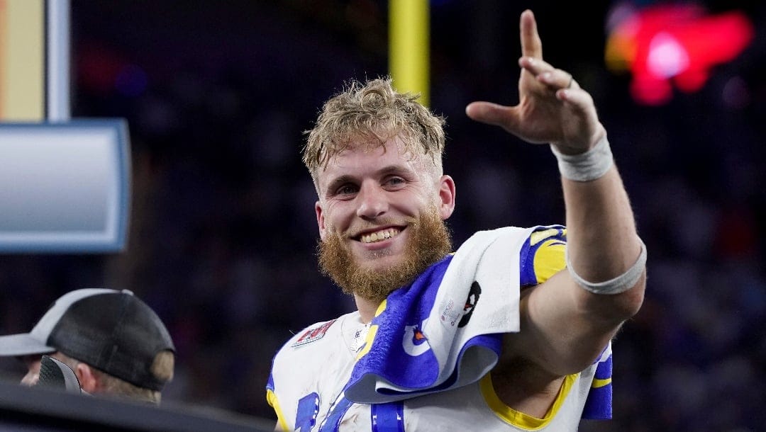 Los Angeles Rams wide receiver Cooper Kupp (10) celebrates after their victory against the Cincinnati Bengals in Super Bowl 56, Sunday, Feb. 13, 2022 in Inglewood, CA. The Rams defeated the Bengals 23-30. (AP Photo/Doug Benc)