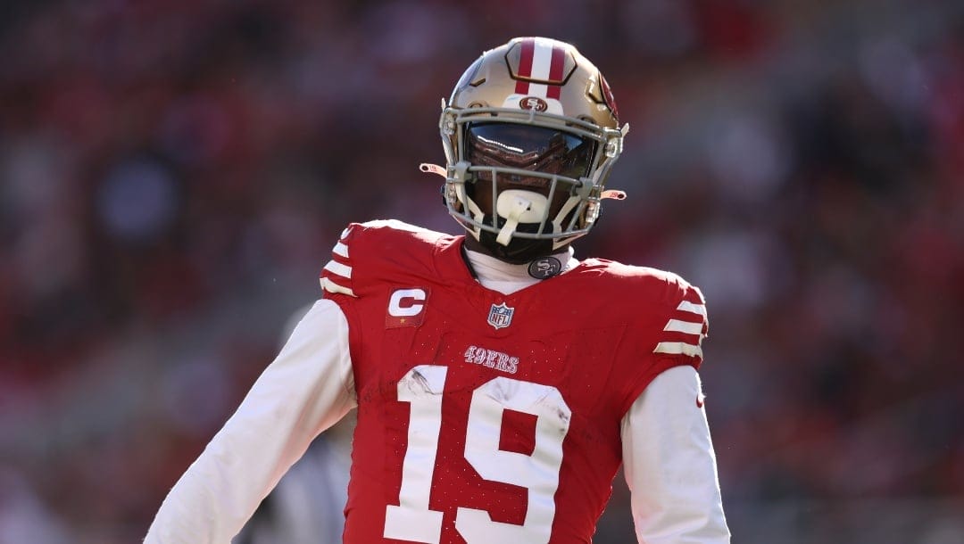San Francisco 49ers wide receiver Deebo Samuel (19) plays against the Los Angeles Rams during the first half of an NFL football game in Santa Clara, Calif., Sunday, Jan. 7, 2024. (AP Photo/Jed Jacobsohn)