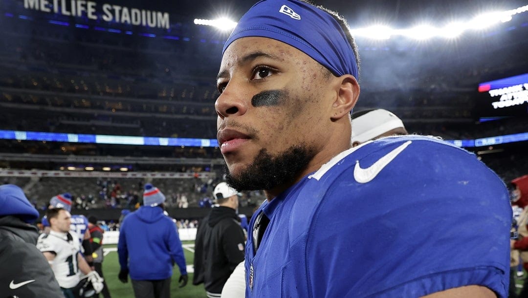 New York Giants running back Saquon Barkley (26) after defeating the Philadelphia Eagles in an NFL football game Sunday, Jan. 7, 2024, in East Rutherford, N.J.