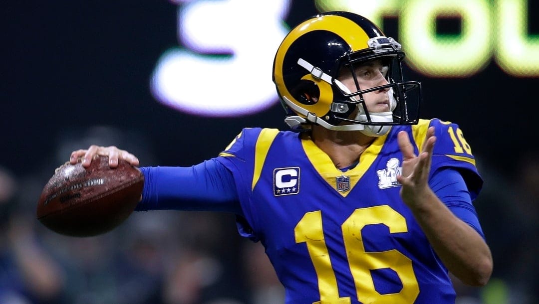 In this Sunday, Feb. 3, 2019 file photo, Los Angeles Rams' Jared Goff drops back to pass against the New England Patriots during the second half of the NFL Super Bowl 53 football game in Atlanta.