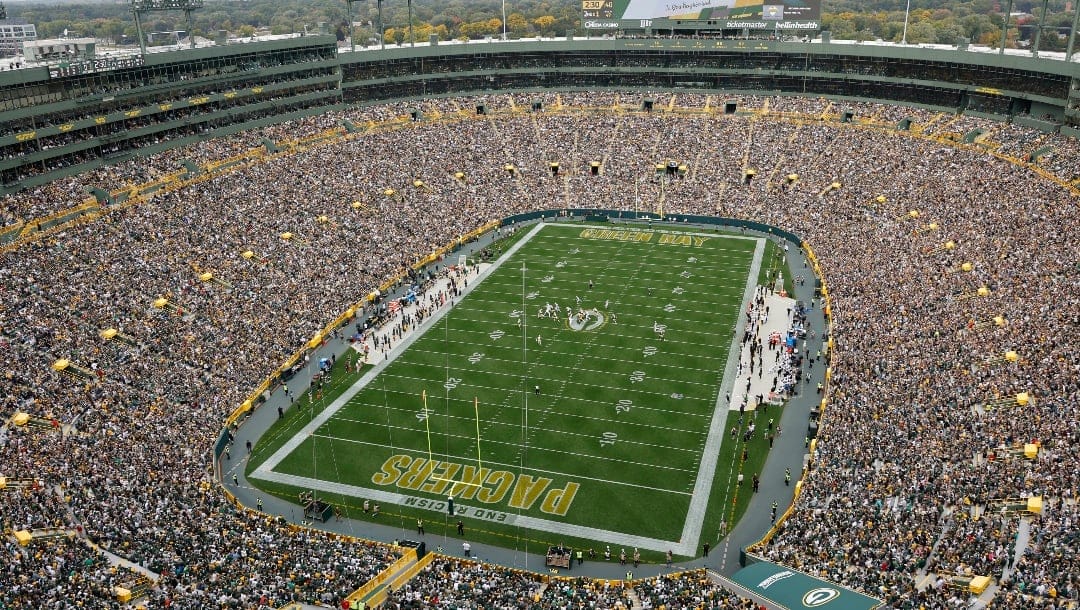 A general view of Lambeau Field during the first half of a NFL football game between the New Orleans Saints and Green Bay Packers Sunday, Sept. 24, 2023, in Green Bay, Wis. (AP Photo/Jeffrey Phelps)