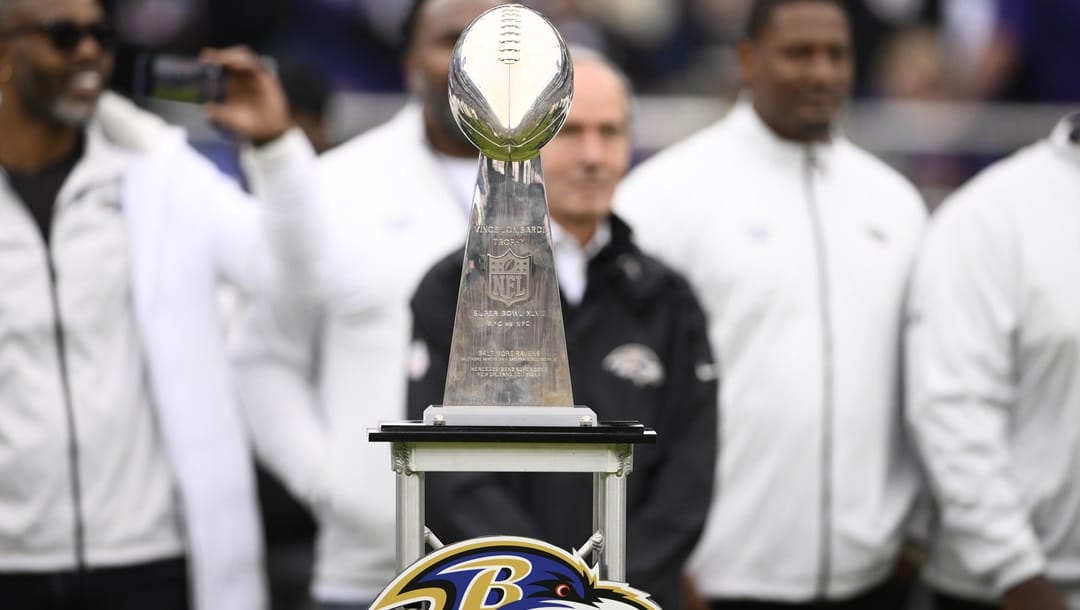 The Vince Lombardi trophy is seen at a ceremony to honor the 2012 Baltimore Ravens who won Super Bowl XLVII during halftime of an NFL football game between the Cleveland Browns and the Ravens, Sunday, Oct. 23, 2022, in Baltimore.