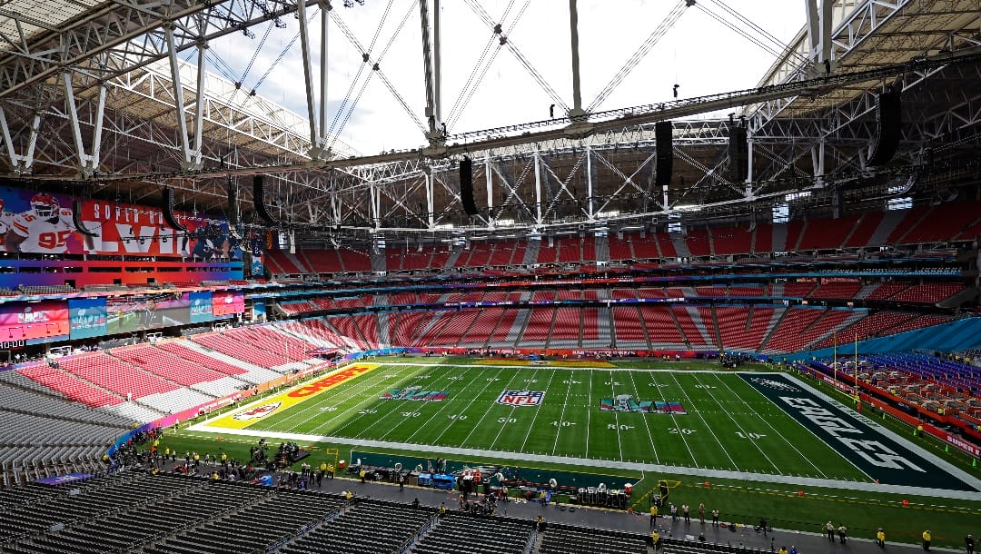 A general view of State Farm stadium before the NFL Super Bowl 57 football game Sunday, Feb. 12, 2023, in Glendale, Ariz. (AP Photo/Adam Hunger)