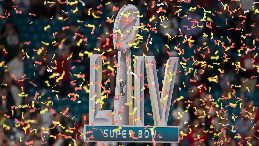 Super Bowl LIV sign during the celebration after the NFL Super Bowl 54 football game between the San Francisco 49ers and Kansas City Chiefs Sunday, Feb. 2, 2020, in Miami Gardens, Fla. The Kansas City Chiefs won 31-20. (AP Photo/Jeff Lewis)