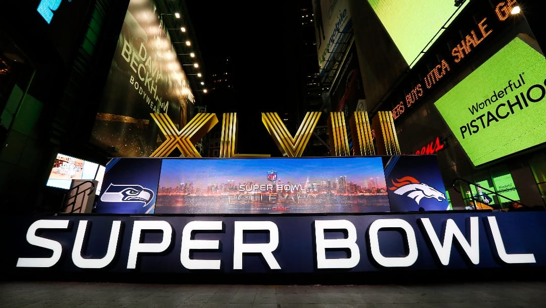In this Jan. 29, 2014 file photo, the Super Bowl XLVIII Roman Numerals are unveiled in New York. The 50th edition of the game will be played in February 2016 in Santa Clara, California.
