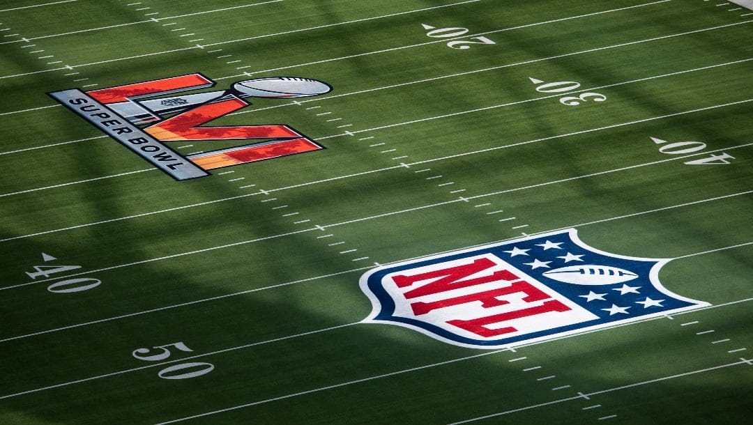 A close up view of the National Football League and Super Bowl logo painted on the field prior to the NFL Super Bowl 56 football game between the Cincinnati Bengals and Los Angeles Rams, Sunday, Feb. 13, 2022, in Inglewood, Calif.