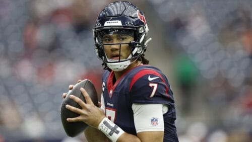 Houston Texans quarterback C.J. Stroud (7) looks to pass during pregame warmups before an NFL wild-card playoff football game, Saturday, Jan. 13, 2024 in Houston.