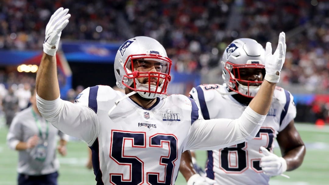 New England Patriots Kyle Van Noy #53 is seen before NFL Super Bowl 53, Sunday, February 3, 2019 in Atlanta. The Patriots won 13-3. (AP Photo/Gregory Payan)