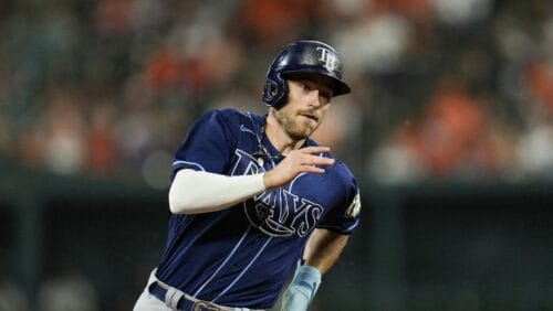 Tampa Bay Rays' Brandon Lowe runs the bases while scoring from first base on a two-run triple by Randy Arozarena off Baltimore Orioles starting pitcher Kyle Bradish in the third inning of a baseball game, Thursday, Sept. 14, 2023, in Baltimore. Rays' Yandy Diaz also scored on the triple.