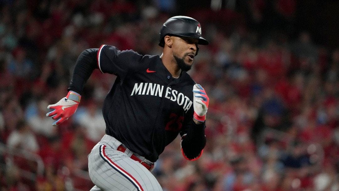 Minnesota Twins' Byron Buxton doubles during the eighth inning of a baseball game against the St. Louis Cardinals Tuesday, Aug. 1, 2023, in St. Louis.