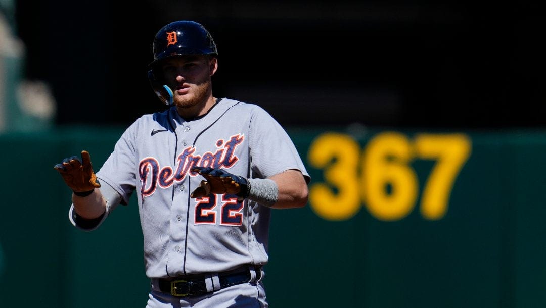 Detroit Tigers' Parker Meadows reacts after hitting a double against the Oakland Athletics during the third inning of a baseball game Sunday, Sept. 24, 2023, in Oakland, Calif.