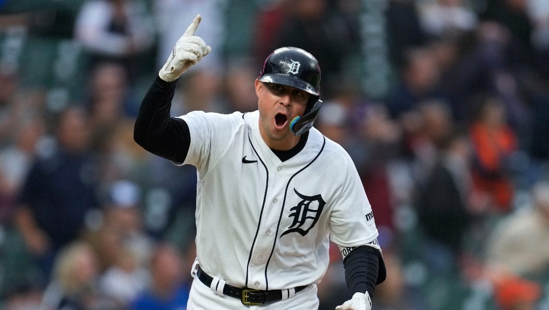 Detroit Tigers' Spencer Torkelson celebrates his three-run home run against the Kansas City Royals in the seventh inning of a baseball game, Thursday, Sept. 28, 2023, in Detroit.