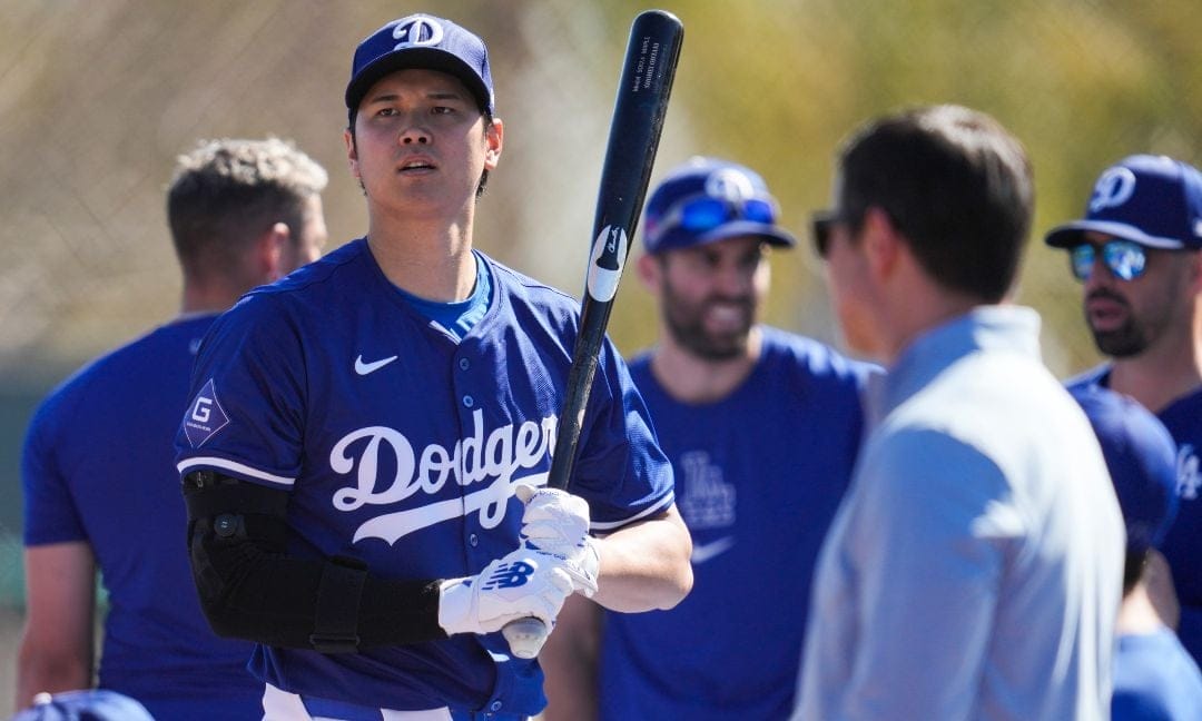 Los Angeles Dodgers designated hitter Shohei Ohtani participates in spring training baseball workouts at Camelback Ranch in Phoenix, Friday, Feb. 16, 2024.
