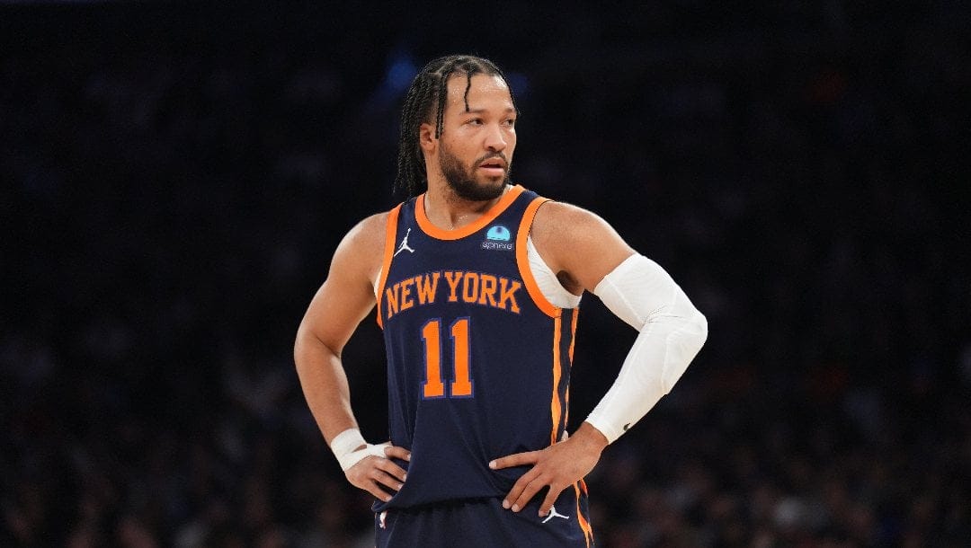 Jalen Brunson #11 of the New York Knicks looks on during the game against the Memphis Grizzlies on February 6, 2024 at Madison Square Garden in New York City, New York.