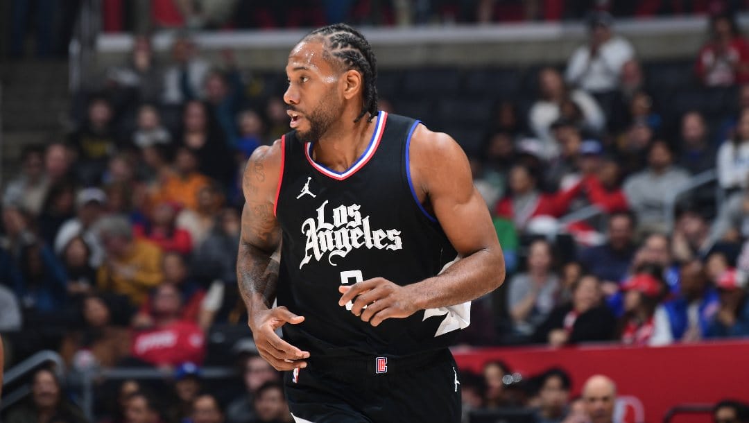 Kawhi Leonard #2 of the LA Clippers looks on during the game on February 10, 2024 at Crypto.Com Arena in Los Angeles, California.