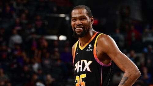 Kevin Durant #35 of the Phoenix Suns looks on during the game on February 8, 2024 at Footprint Center in Phoenix, Arizona.
