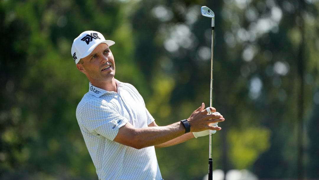 Eric Cole follows his shot from the second tee of the Silverado Resort North Course during the final round of the Fortinet Championship PGA golf tournament in Napa, Calif., Sunday, Sept. 17, 2023.