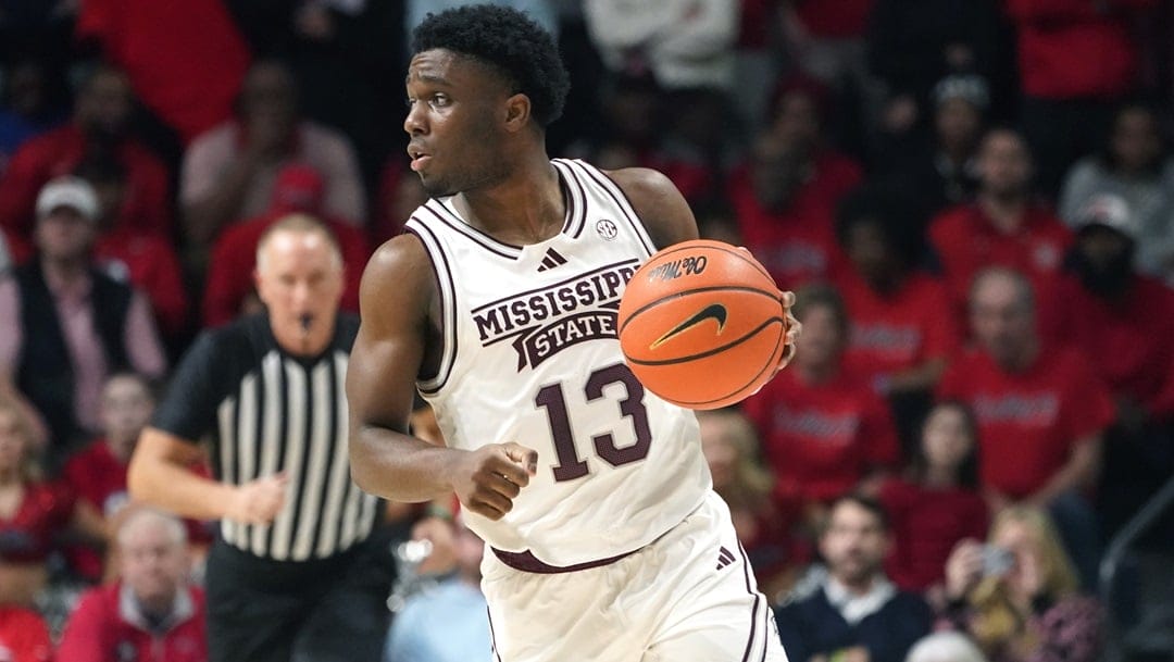 Mississippi State guard Josh Hubbard (13) brings the ball up court during the first half of an NCAA college basketball game against Mississippi, Tuesday, Jan. 30, 2024, in Oxford, Miss. Mississippi won 86-82.