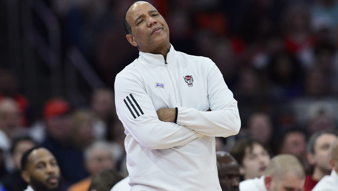 North Carolina State head coach Kevin Keatts reacts during the second half of an NCAA college basketball game against Syracuse in Syracuse, N.Y., Saturday, Jan. 27, 2024.