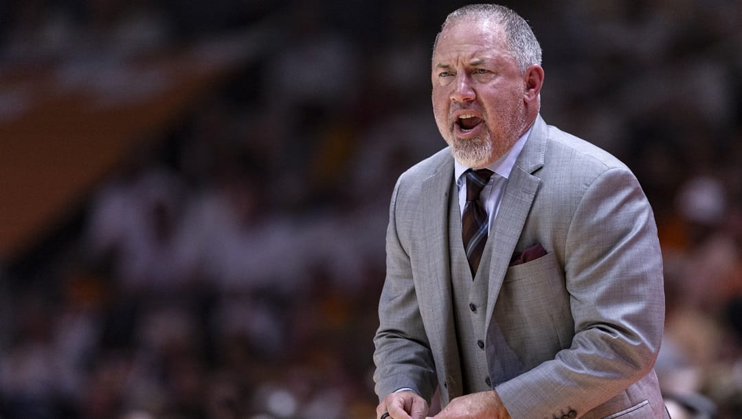 Texas A&M head coach Buzz Williams yells to his players during the first half of an NCAA college basketball game against Tennessee, Saturday, Feb. 24, 2024, in Knoxville, Tenn.