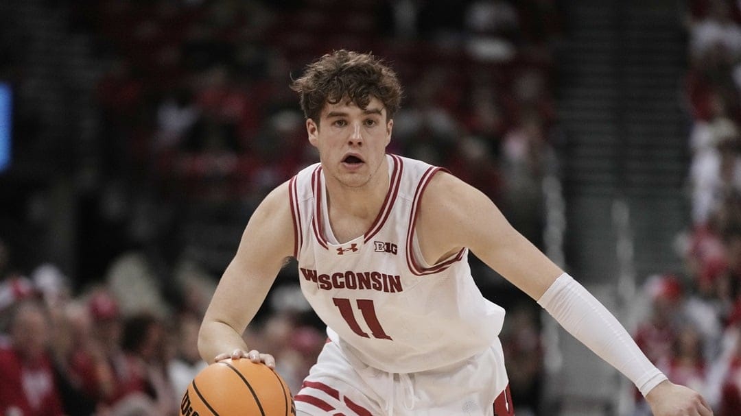 Wisconsin's Max Klesmit during the second half of an NCAA college basketball game against Ohio StateTuesday, Feb. 20, 2024, in Madison, Wis.